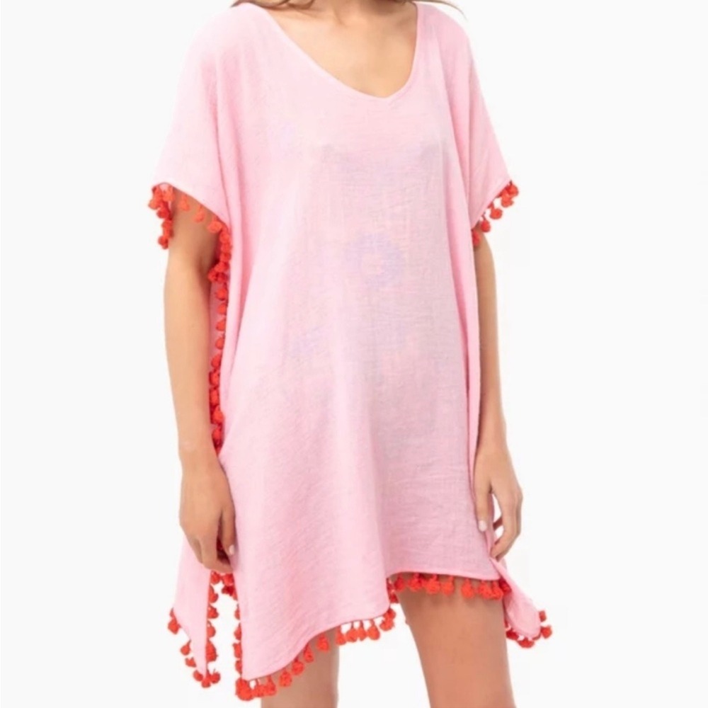 Pomander‎ Place Tuckernuck Pink Katie Pom-Pom Caftan Swim Cover Up Size S/M